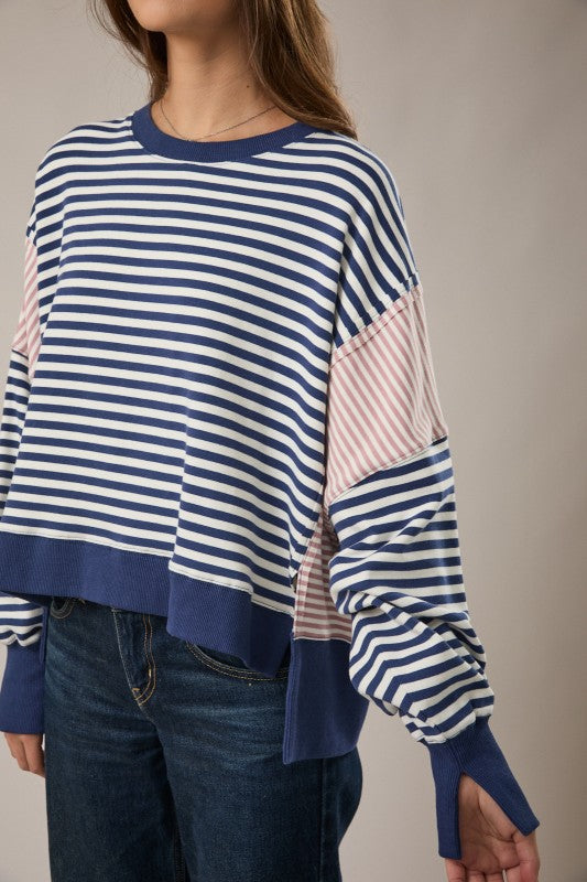 Navy/White Stripe Scooped Neck Line Stripe Sweatshirt
