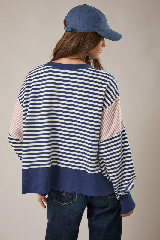Navy/White Stripe Scooped Neck Line Stripe Sweatshirt