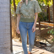 Olive Smocked And Ruffle Detail Floral Embroidered Top