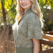 Olive Smocked And Ruffle Detail Floral Embroidered Top