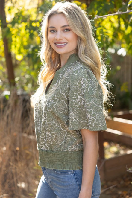 Olive Smocked And Ruffle Detail Floral Embroidered Top
