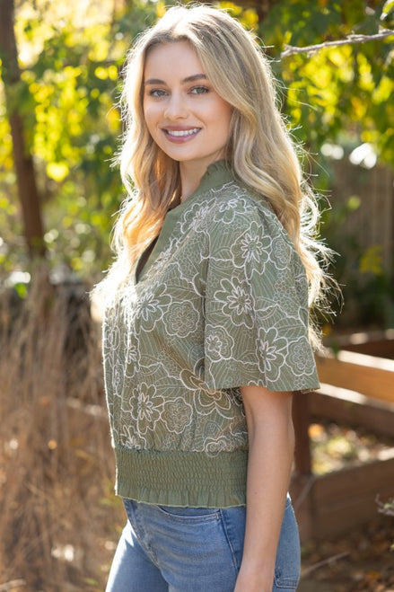 Olive Smocked And Ruffle Detail Floral Embroidered Top