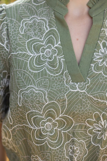 Olive Smocked And Ruffle Detail Floral Embroidered Top