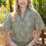 Olive Smocked And Ruffle Detail Floral Embroidered Top