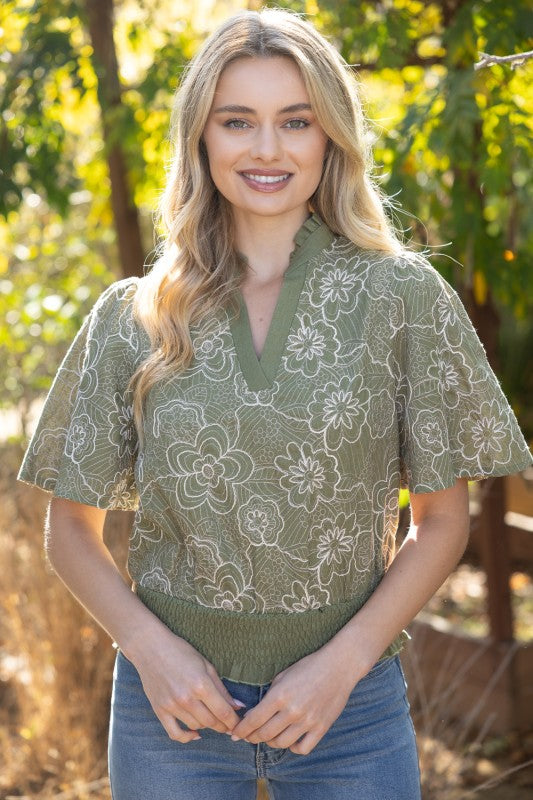 Olive Smocked And Ruffle Detail Floral Embroidered Top