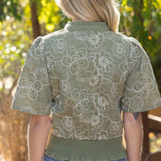 Olive Smocked And Ruffle Detail Floral Embroidered Top