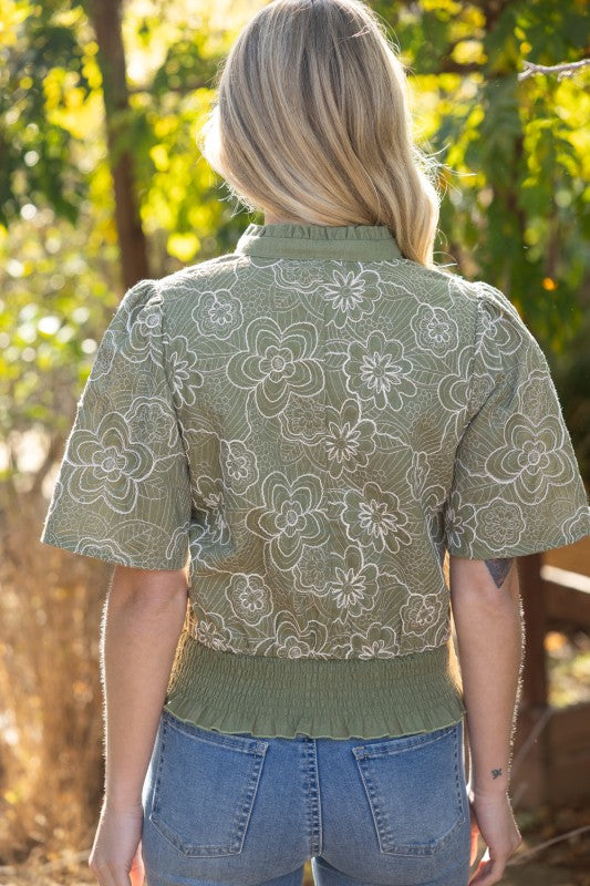 Olive Smocked And Ruffle Detail Floral Embroidered Top