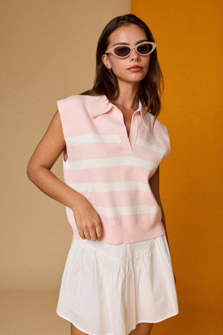 Pink/White Cropped Stripe Polo Knit Top