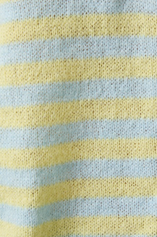 Blue/Yellow Stripe Rolled Hemline Detail Half Button Sweater