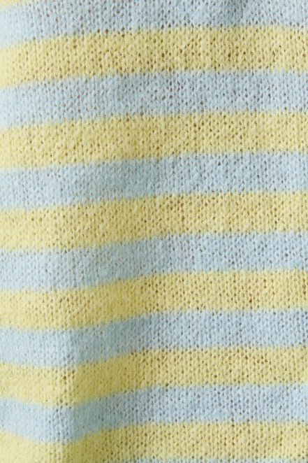 Blue/Yellow Stripe Rolled Hemline Detail Half Button Sweater
