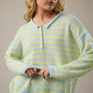 Blue/Yellow Stripe Rolled Hemline Detail Half Button Sweater