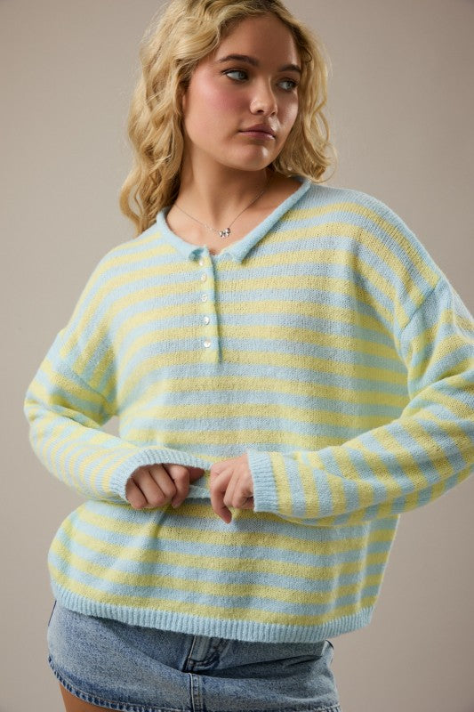 Blue/Yellow Stripe Rolled Hemline Detail Half Button Sweater
