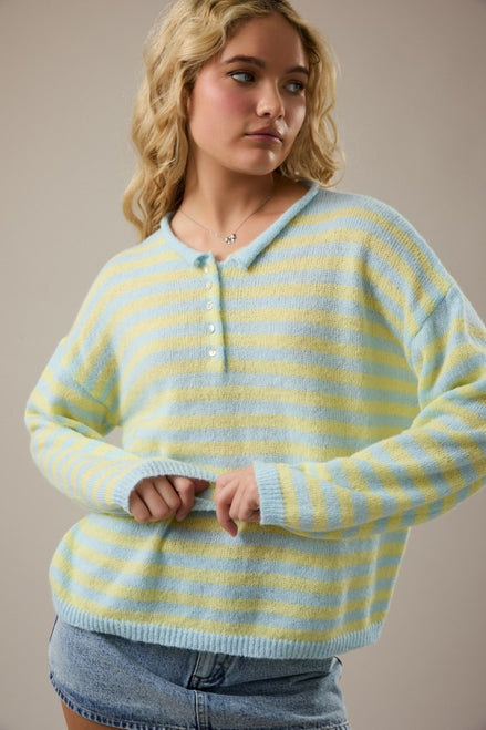 Blue/Yellow Stripe Rolled Hemline Detail Half Button Sweater