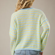 Blue/Yellow Stripe Rolled Hemline Detail Half Button Sweater