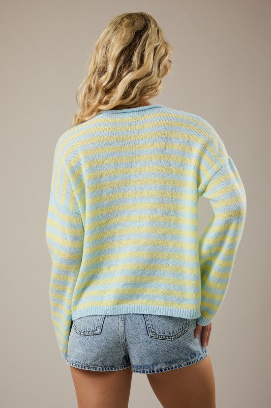 Blue/Yellow Stripe Rolled Hemline Detail Half Button Sweater