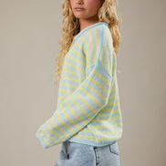 Blue/Yellow Stripe Rolled Hemline Detail Half Button Sweater