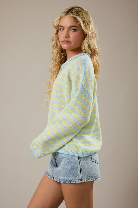 Blue/Yellow Stripe Rolled Hemline Detail Half Button Sweater