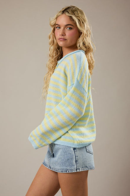 Blue/Yellow Stripe Rolled Hemline Detail Half Button Sweater