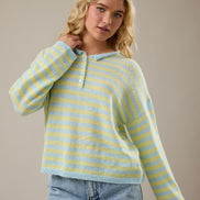 Blue/Yellow Stripe Rolled Hemline Detail Half Button Sweater