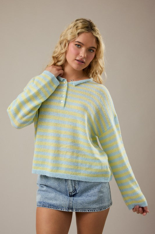 Blue/Yellow Stripe Rolled Hemline Detail Half Button Sweater