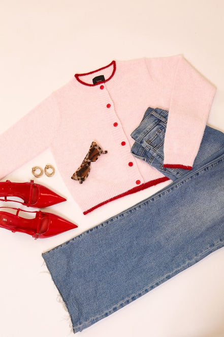 Baby Pink/Red Sweetheart Button Trim Knit Cardigan