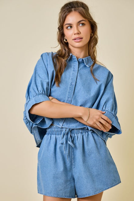 Light Denim Cropped Oversized Shirt & Short Set