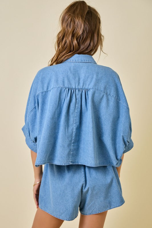 Light Denim Cropped Oversized Shirt & Short Set