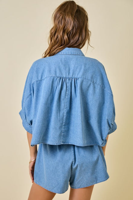 Light Denim Cropped Oversized Shirt & Short Set