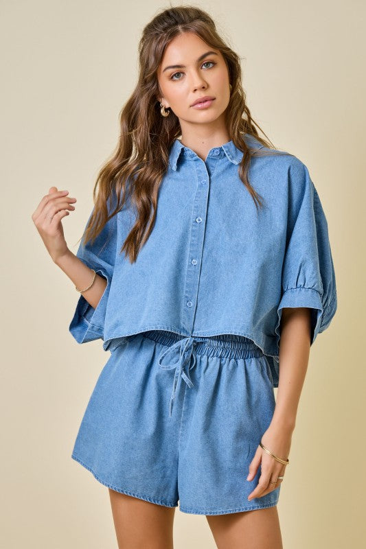 Light Denim Cropped Oversized Shirt & Short Set