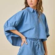 Light Denim Cropped Oversized Shirt & Short Set