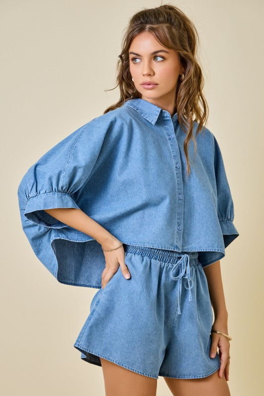 Light Denim Cropped Oversized Shirt & Short Set