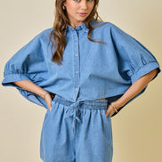 Light Denim Cropped Oversized Shirt & Short Set
