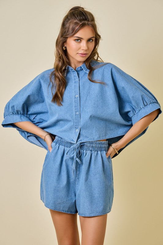 Light Denim Cropped Oversized Shirt & Short Set