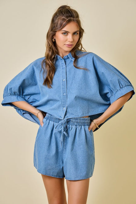 Light Denim Cropped Oversized Shirt & Short Set
