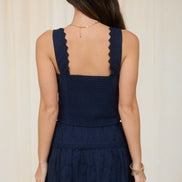 Navy Lace Trim Sleeveless Button Down Eyelet Top and Skirt Set