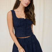 Navy Lace Trim Sleeveless Button Down Eyelet Top and Skirt Set