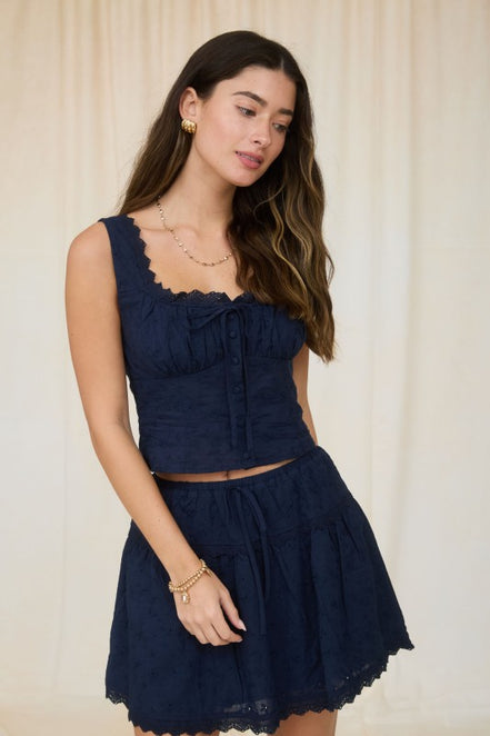 Navy Lace Trim Sleeveless Button Down Eyelet Top and Skirt Set