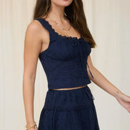 Navy Lace Trim Sleeveless Button Down Eyelet Top and Skirt Set