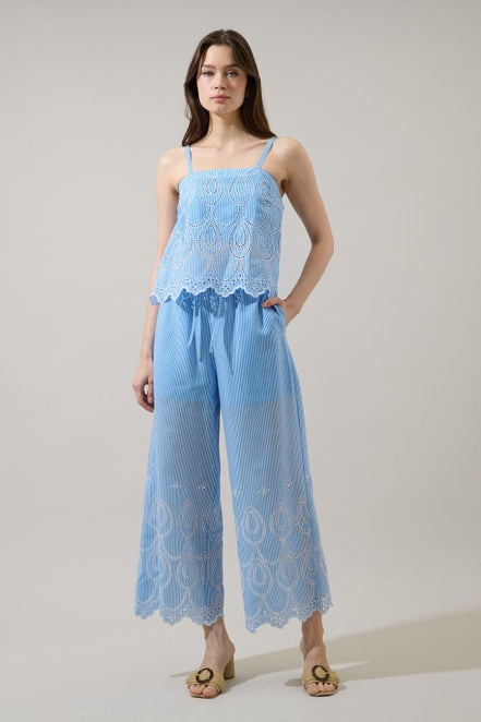 Blue/White Striped Eyelet Tank and Wide Leg Pant Set