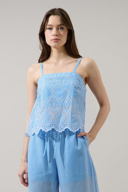 Blue/White Striped Eyelet Tank and Wide Leg Pant Set
