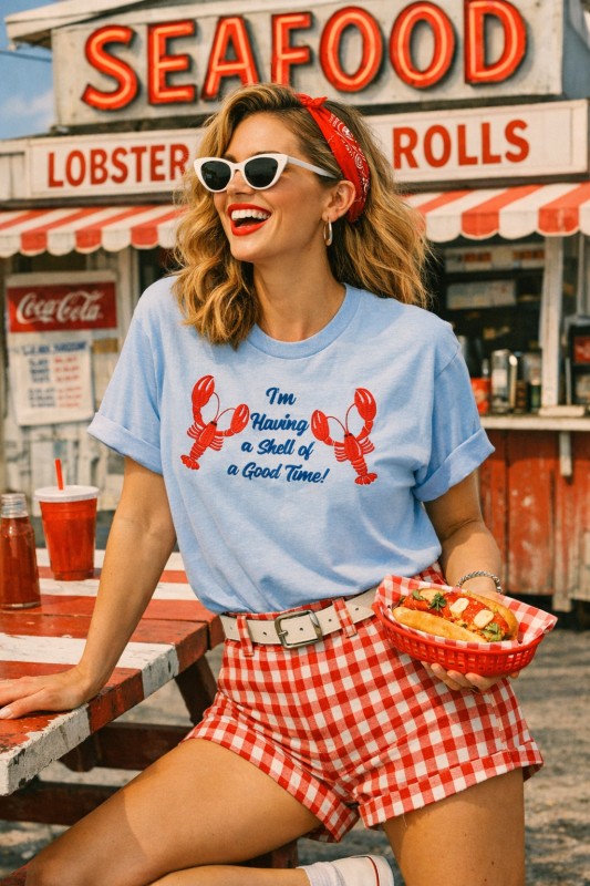 Oversized Nautical Lobsters Embroidered Blue T-shirt
