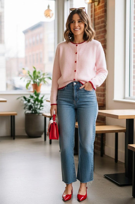 Baby Pink/Red Sweetheart Button Trim Knit Cardigan
