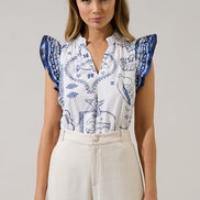 White/Navy Seaside Ruffle Top