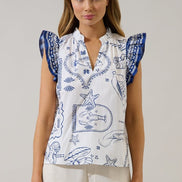 White/Navy Seaside Ruffle Top