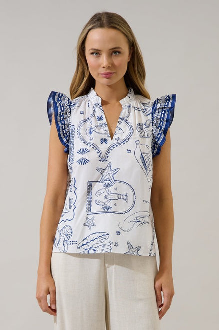 White/Navy Seaside Ruffle Top