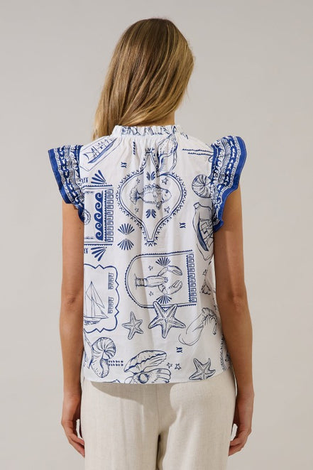 White/Navy Seaside Ruffle Top