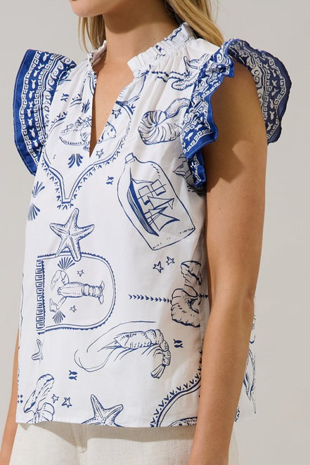 White/Navy Seaside Ruffle Top