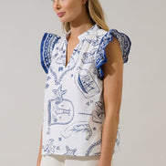 White/Navy Seaside Ruffle Top
