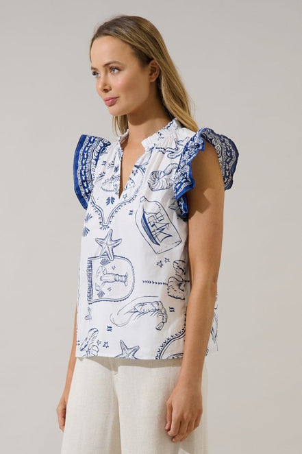 White/Navy Seaside Ruffle Top