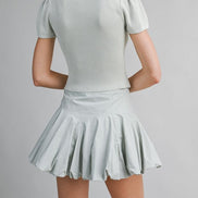 Light Sage Ribbed Button Knit Top And Mini Bubble Skirt Set
